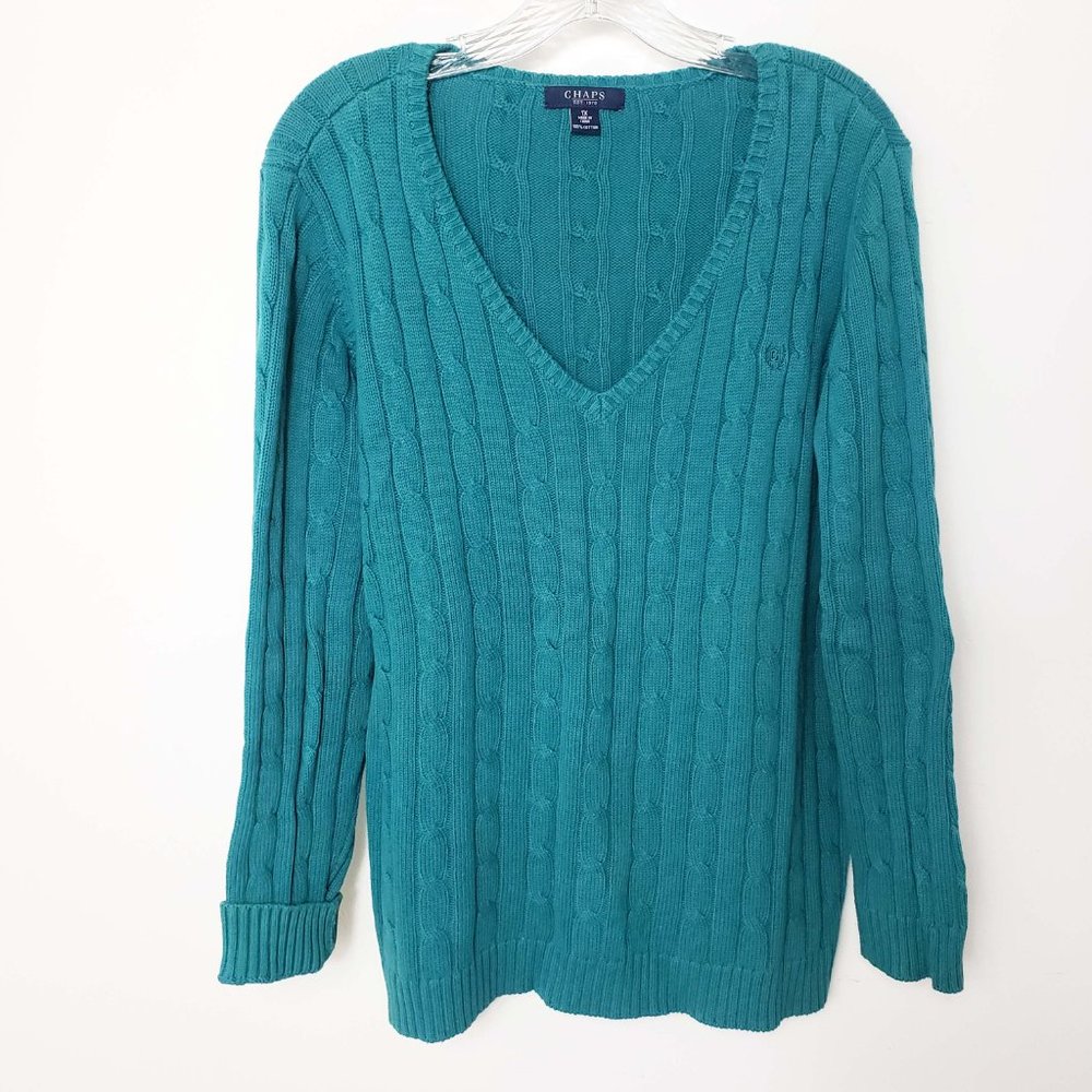 Chaps Women's Emerald Green V Neck Long Sleeve Cable Knit Top Sweater - Picture 10 of 10